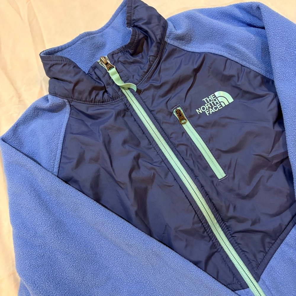 The North Face Girls XL 18 Blue Fleece Full Zip Jacket Nylon Overlay Mock‎ Neck